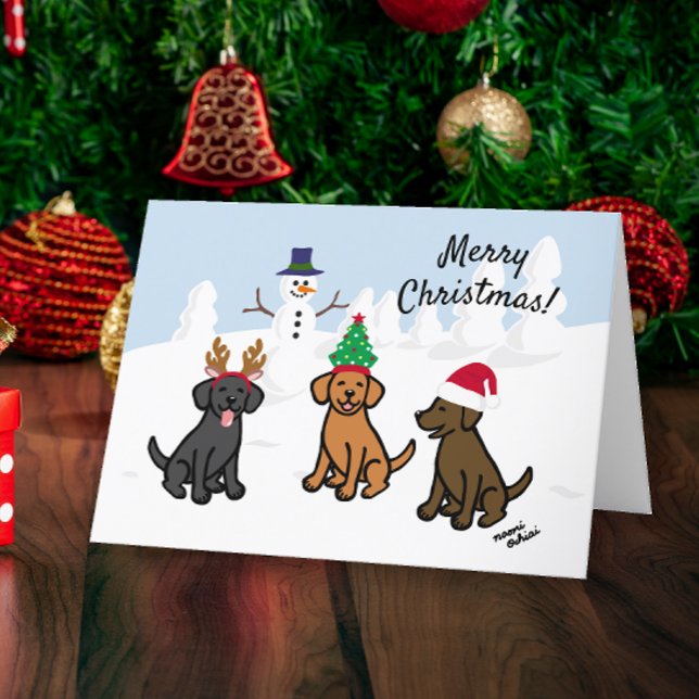 Three Labradors and Snowman Christmas Holiday Card (Three Labradors and Snowman Design Christmas Cards for Labrador Owners.  Cute cartoon style design.)