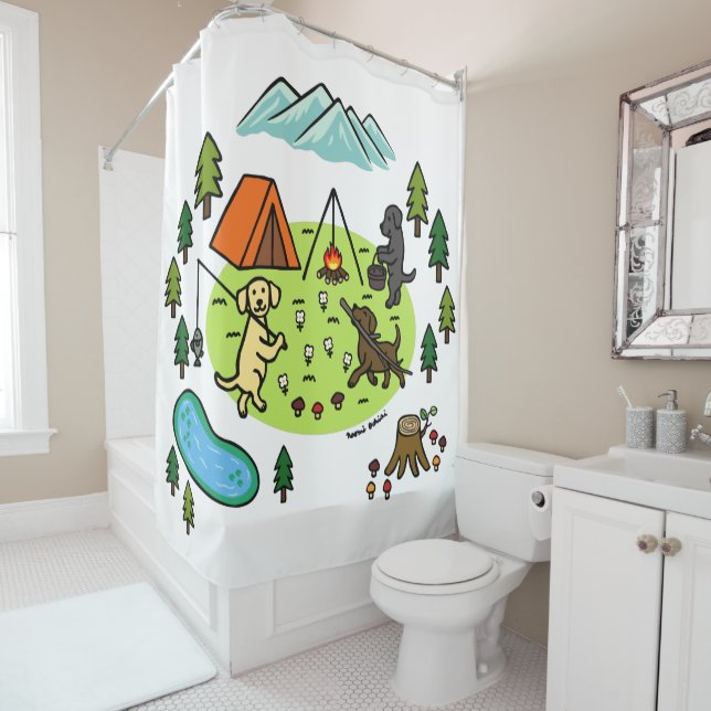 Three Labradors Camping Campsite Cartoon Shower Curtain (In Situ)