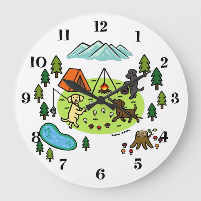Three Labradors Camping Campsite Large Clock (Front)