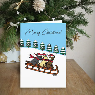 Three Labradors Sled Sliding Snow View Holiday Card