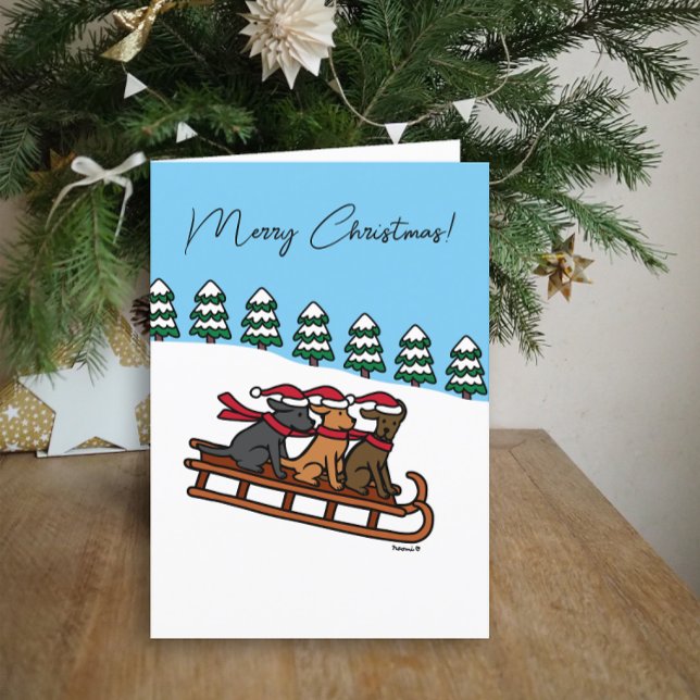 Three Labradors Sled Sliding Snow View Holiday Card (Three Labradors Sled Sliding Design Christmas Card for Labrador Owners.  Snow View Background.)