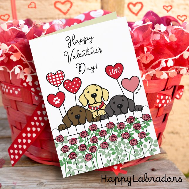 Three Labradors Watching Valentine Roses Holiday Card (Three Labrador Watching Valentine Day card for Labrador Owners.  Cute Cartoon design with roses.)