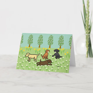 Three Labradors with Spring Flowers Card