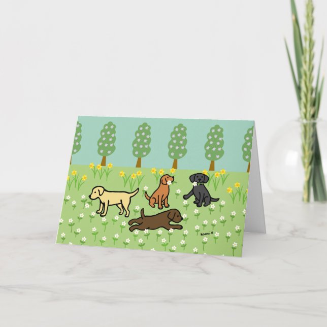 Three Labradors with Spring Flowers Card (Front)