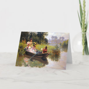 Three ladies and a man in a boat holiday card