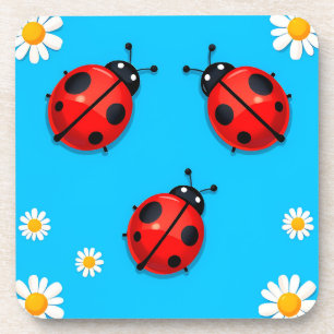 Three Ladybugs On Blue Background Nature Design Coaster