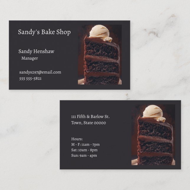 Three-layer chocolate cake with ice cream business card (Front/Back)