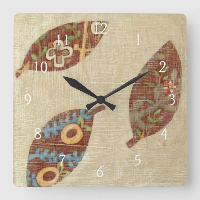 Three Leaves on Linen Texture Background Square Wall Clock (Front)