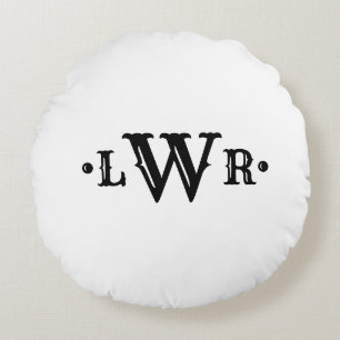 Three Letter Monogram Custom Elegant Black & White Round Cushion