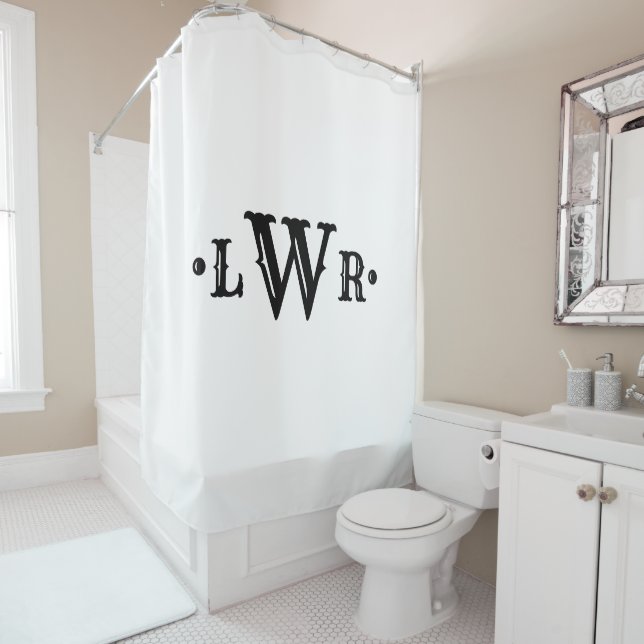 Three Letter Monogram Custom Elegant Black & White Shower Curtain (In Situ)