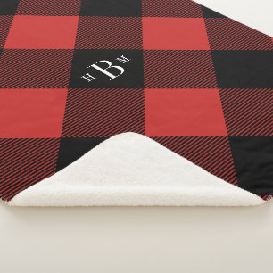 Three Letter Monogram Red Buffalo Check Sherpa Blanket
