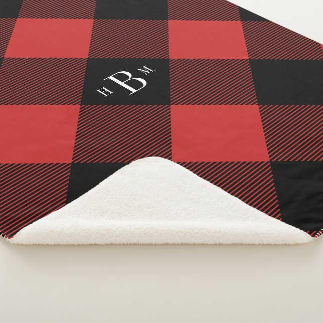 Three Letter Monogram Red Buffalo Check Sherpa Blanket (3/4)