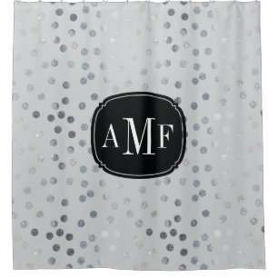 Three Letter Monogram Silver Glitter Dots on Grey Shower Curtain