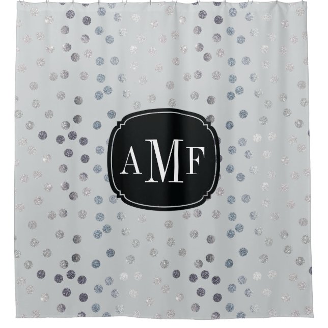 Three Letter Monogram Silver Glitter Dots on Grey Shower Curtain (Front)