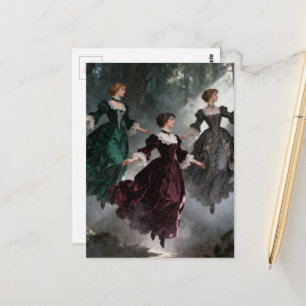 Three levitating women in the forest postcard