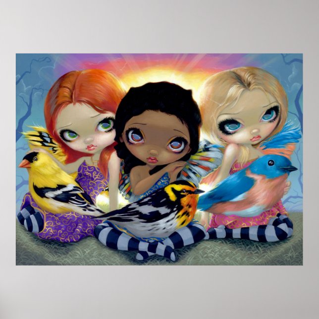 Three Little Birds ART PRINT bird fairy big eyes (Front)