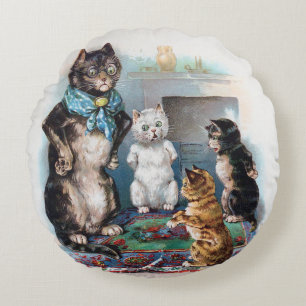 Three Little Kittens and Mother, Louis Wain Round Cushion