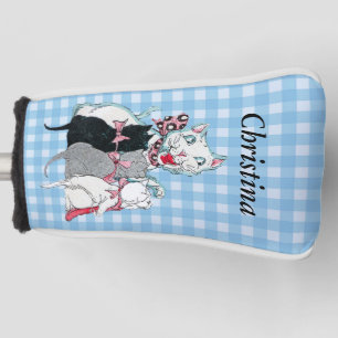 Three Little Kittens in Bows with Mother Cat plaid Golf Head Cover
