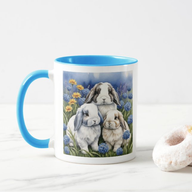 Three Little Lop Bunny Rabbits Mug (With Donut)