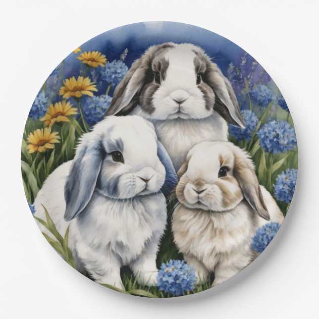 Three Little Lop Bunny Rabbits Paper Plate (Front)