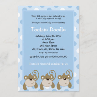 Three Little Monkeys 5x7 Blue Baby Shower Invitation