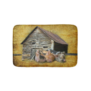 Three Little Pigs At The Rustic Barn Snoozing Bath Mat