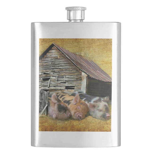 Three Little Pigs At The Rustic Barn Snoozing Hip Flask (Front)