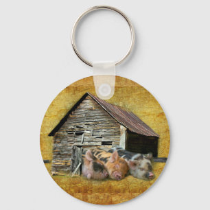 Three Little Pigs At The Rustic Barn Snoozing Key Ring