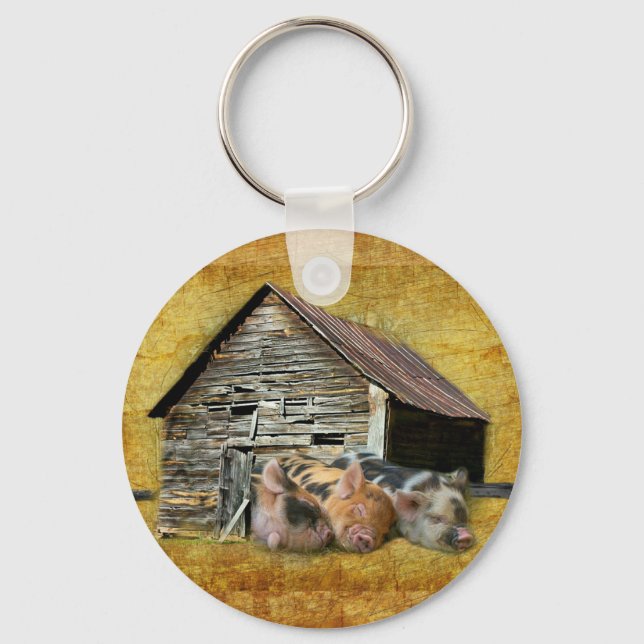 Three Little Pigs At The Rustic Barn Snoozing Key Ring (Front)