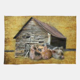 Three Little Pigs At The Rustic Barn Snoozing Tea Towel