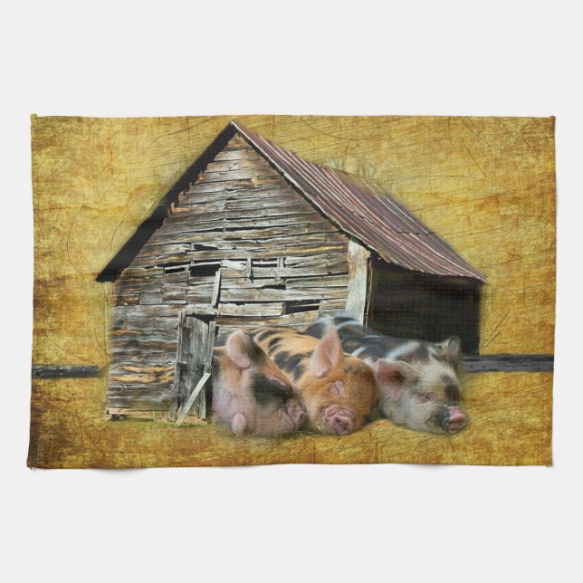 Three Little Pigs At The Rustic Barn Snoozing Tea Towel (Horizontal)