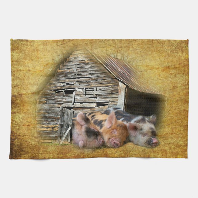 Three Little Pigs At The Rustic Barn Snoozing Tea Towel (Horizontal)