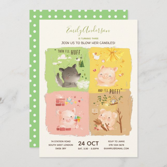 Three Little Pigs & Big Bad Wolf Birthday Invitation (Front/Back)
