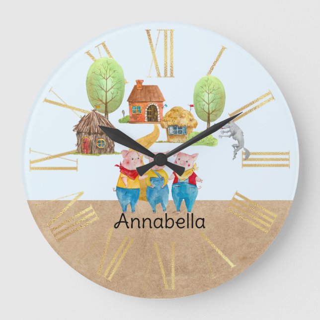 Three Little Pigs Colourful Folk and Fairy Tale Large Clock (Front)