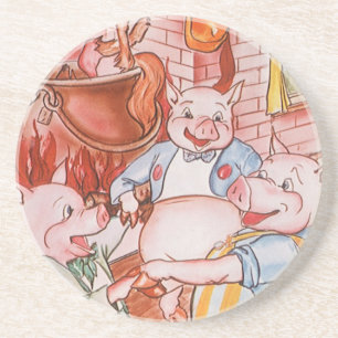 Three Little Pigs Cooking Wolf, Vintage Fairy Tale Coaster