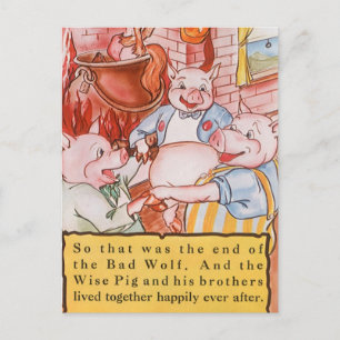 Three Little Pigs Cooking Wolf, Vintage Fairy Tale Postcard