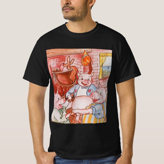 Three Little Pigs Cooking Wolf, Vintage Fairy Tale T-Shirt (Front)