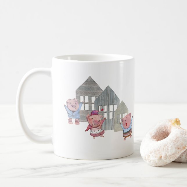 Three Little Pigs with their Houses Coffee Mug (With Donut)