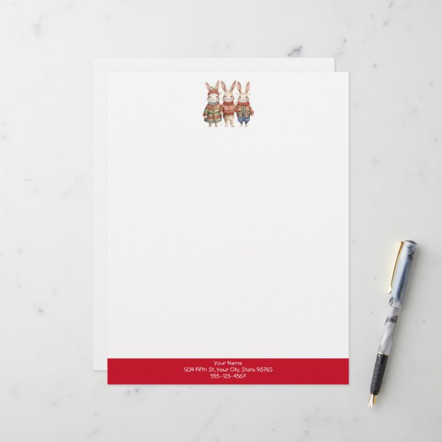 Three Little Rabbits Cute Custom Christmas Red  Letterhead (Front/Back In Situ)