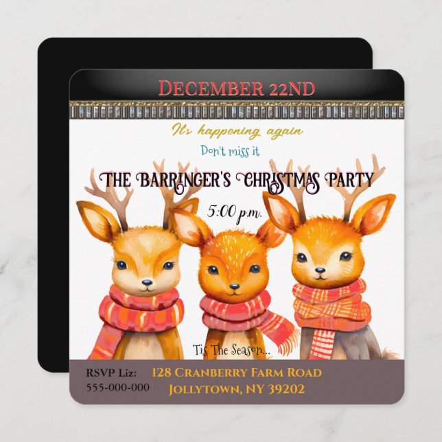  Three Little Reindeer Christmas Party Invitation (Front/Back)
