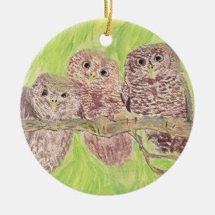 Three Little Scowling Owls - acrylic painting. Ceramic Ornament