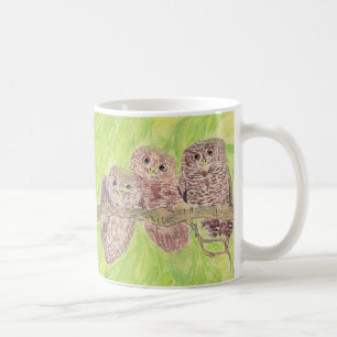 Three Little Scowling Owls - acrylic painting. Coffee Mug