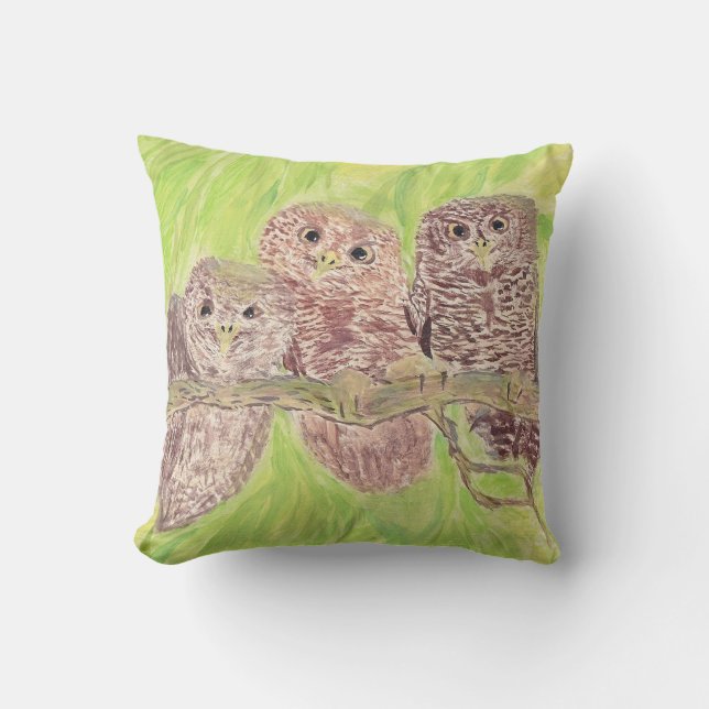 Three Little Scowling Owls - acrylic painting. Cushion (Front)