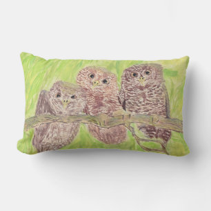 Three Little Scowling Owls - acrylic painting.    Lumbar Cushion