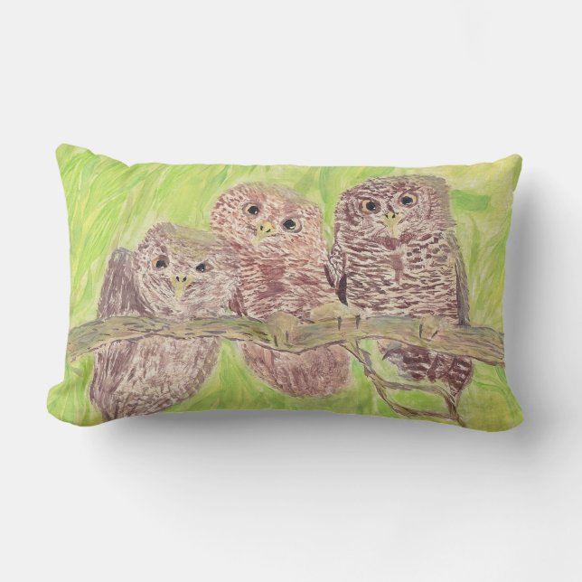 Three Little Scowling Owls - acrylic painting.    Lumbar Cushion (Front)