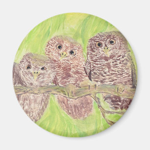 Three Little Scowling Owls - acrylic painting.  Magnet