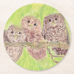 Three Little Scowling Owls - acrylic painting. Round Paper Coaster