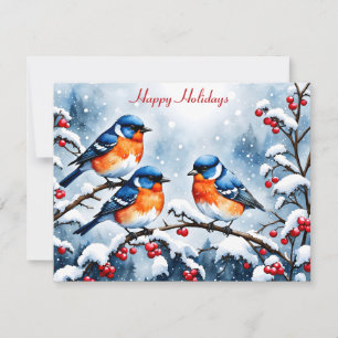 Three Little Songbirds and Red Berries Christmas Holiday Card