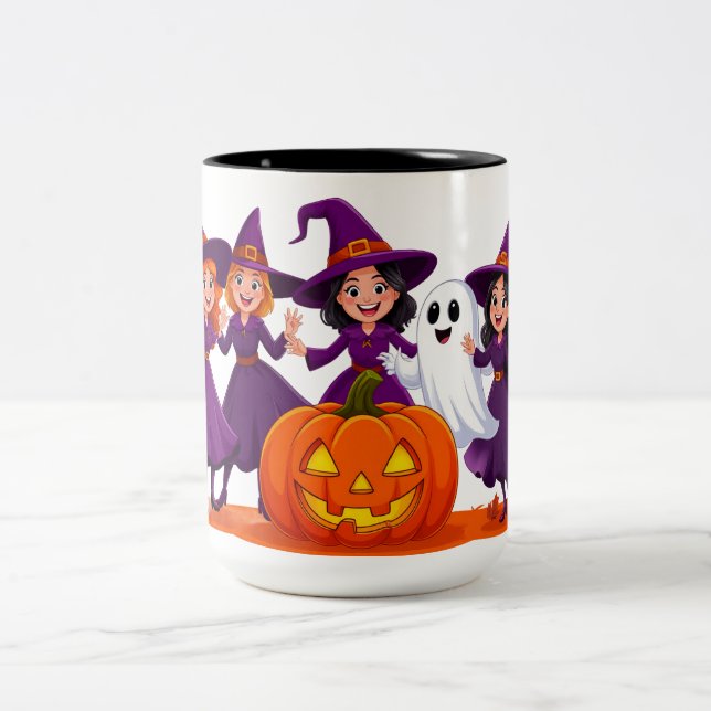 Three Little Witches Dancing Around Pumpkin 🎃 Two-Tone Coffee Mug (Center)