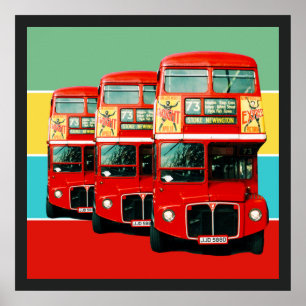 Three London Buses Coloured Stripes Background Poster